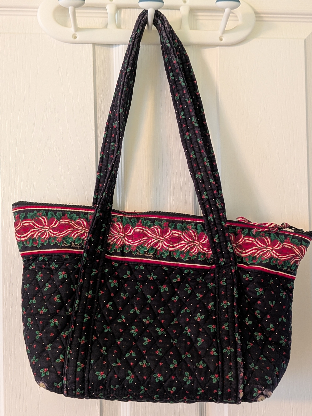 Quilted Black Floral Tote Bag with Red Trim